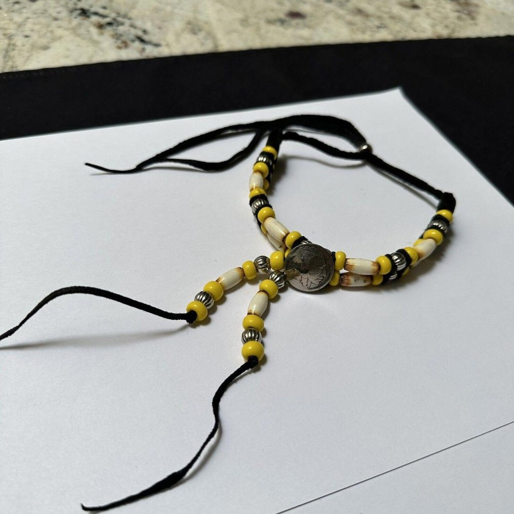 Black / Yellow Bead Silver Tone Indian Head Nickel Necklace